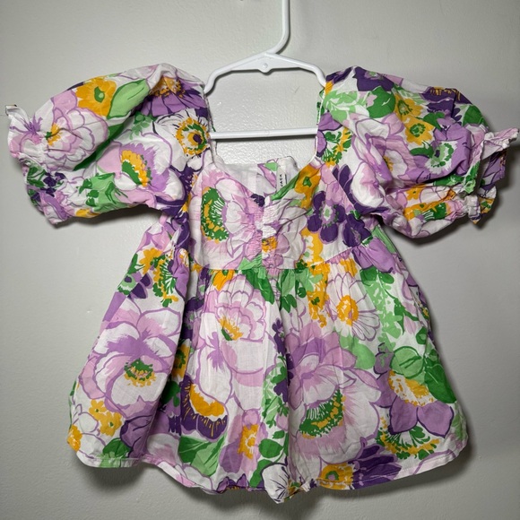 Janie & Jack Girls Floral Purple Green Smocked Top Puff Sleeves Size 3 - Picture 2 of 6